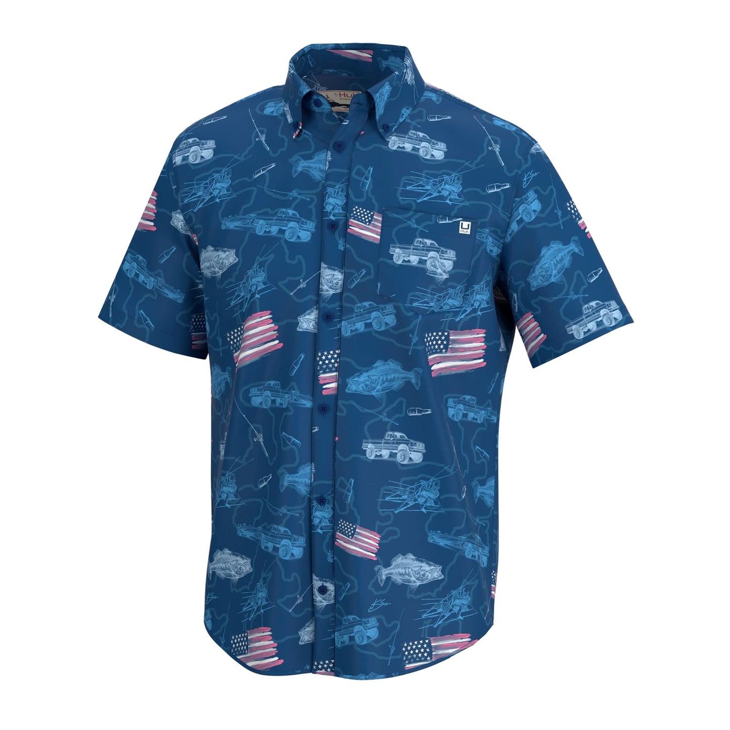 HUK Standard Kona Pattern Short Sleeve Fishing Button Down Shirt for Men, Flags-Set Sail, XX-Large