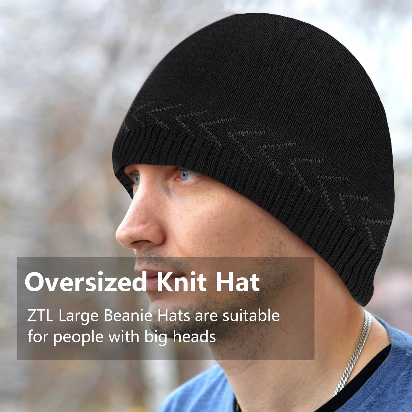Oversize XXL Mens Beanie Hat for Big Heads 23.6"-25.6", Large Winter Knit Hats Ribbed Stocking Hat Ski Skull Cap Black