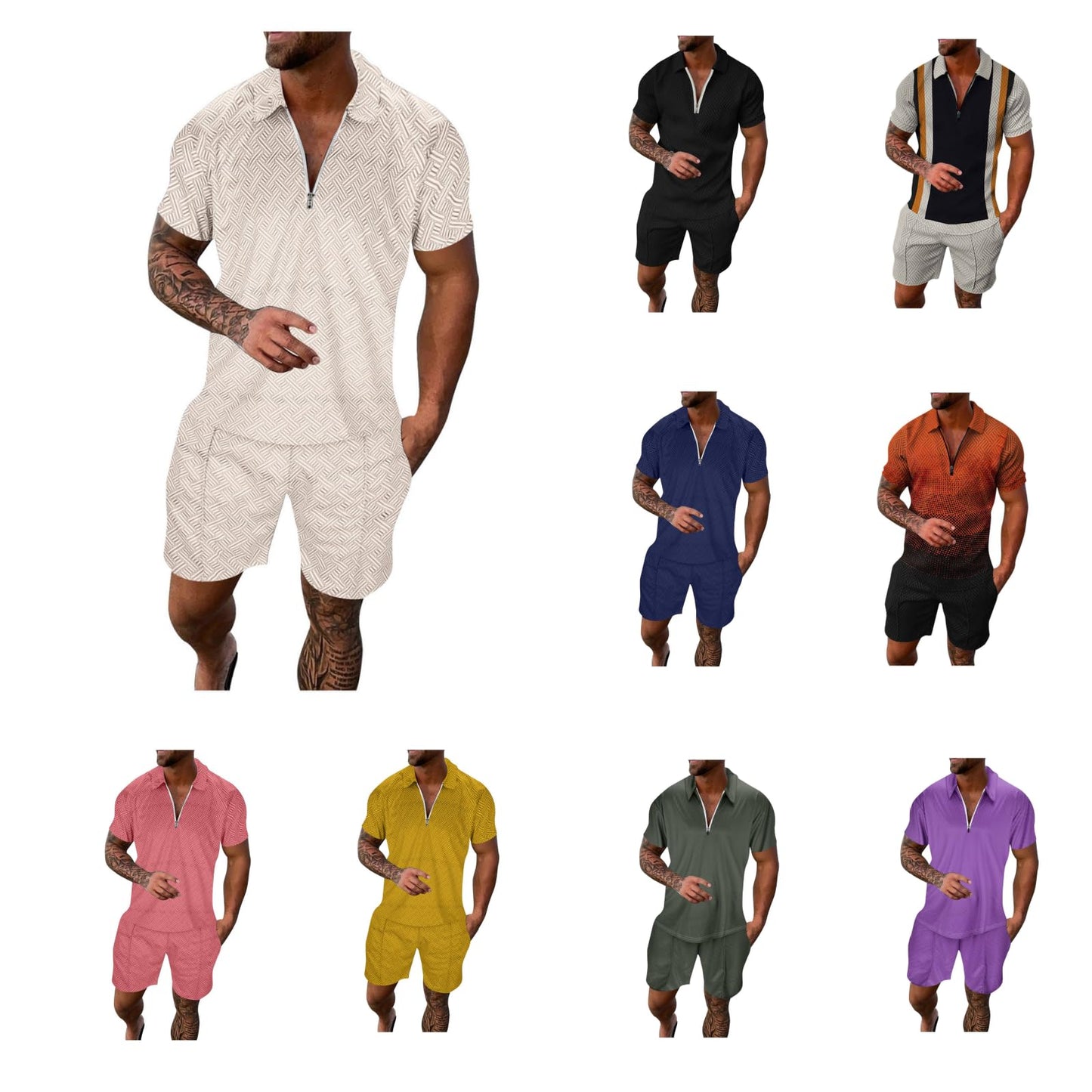YWASYA men's sweatsuits,vacation outfits for men,Men Short Sets Outfits 2 Piece Casual Short Sleeve Golf Polo Shirts for Men and Shorts Beach Outfits Men's Tracksuits
