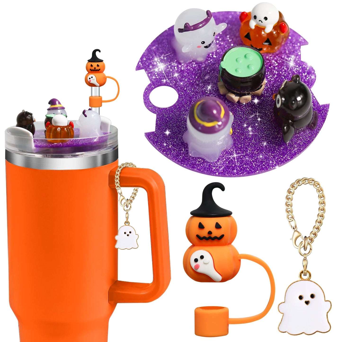 Accessories Compatible with Stanley Cup Lid, Fit for 40 oz Stanley Lid Charms Decor, Silicone Straw Topper Cover Cap, Cute Charms for Stanley 30&40 Oz Tumbler with Handle (Halloween)
