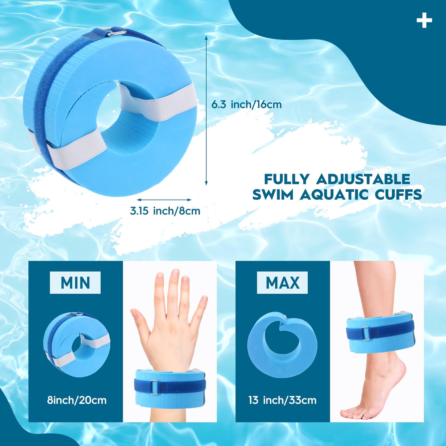 RoundFunny 2 Pcs Foam Swim Aquatic Cuffs Equipment Water Aerobics Float Ring with Detachable Hook and Loop Fastener Fitness Workout Set for Swimming Fitness Training Pool Exercise (Blue)