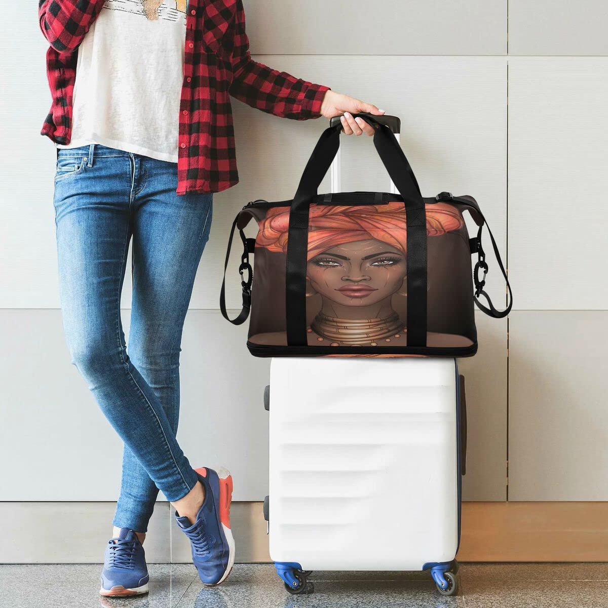 Gym Bag Sports Travel Duffel Bag Weekender Overnight Bag with Wet Pocket Shoes Compartment and Toiletry Bag African American Woman for Travel, Business,Gym, Yoga