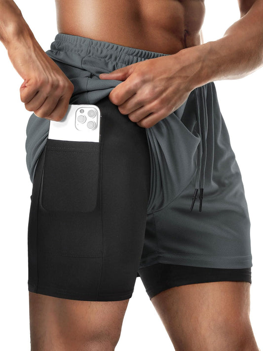 Aolesy Men's 2 in 1 Workout Running Shorts Lightweight Gym 5 Inch Short with Zipper Pockets Training Athletic Shorts with Liner Dark Grey