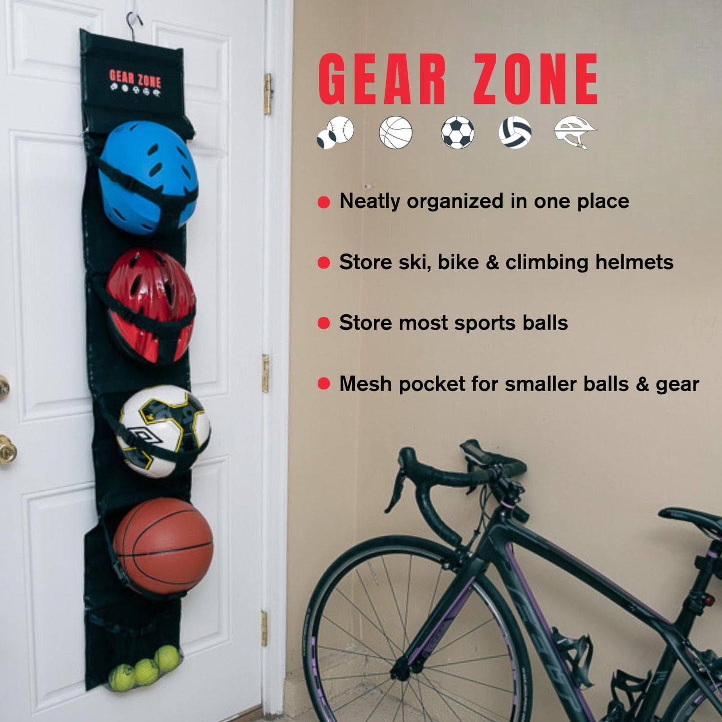 Gear Zone Hanging Sports Equipment Organizer | Multi-Purpose | Garage Sports Ball Storage | Storage for Basketball Football Volleyball Tennis Soccer Biking | Toy Storage | Includes Hook