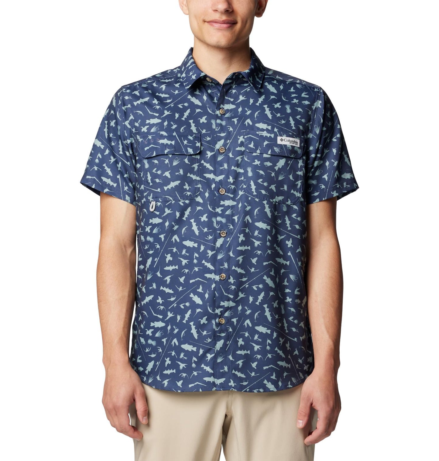 Columbia Men's PFG Uncharted Printed Short Sleeve Shirt, Nocturnal Cast N Blast, Large