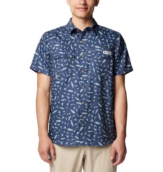 Columbia Men's PFG Uncharted Printed Short Sleeve Shirt, Nocturnal Cast N Blast, Large