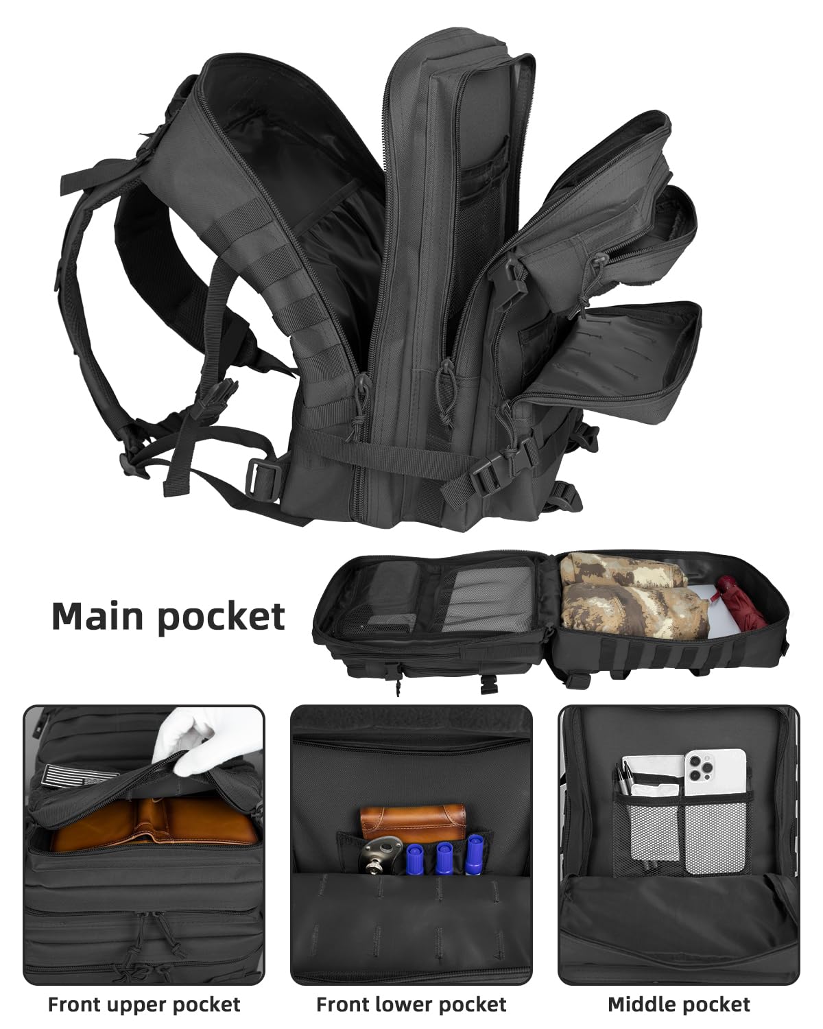 Ogguno 45L Military Tactical Backpacks For Men Trekking Daypack Bug Out Bag Lage MOLLE 3 Day Assault Pack Camping Hiking - Balck BackPack