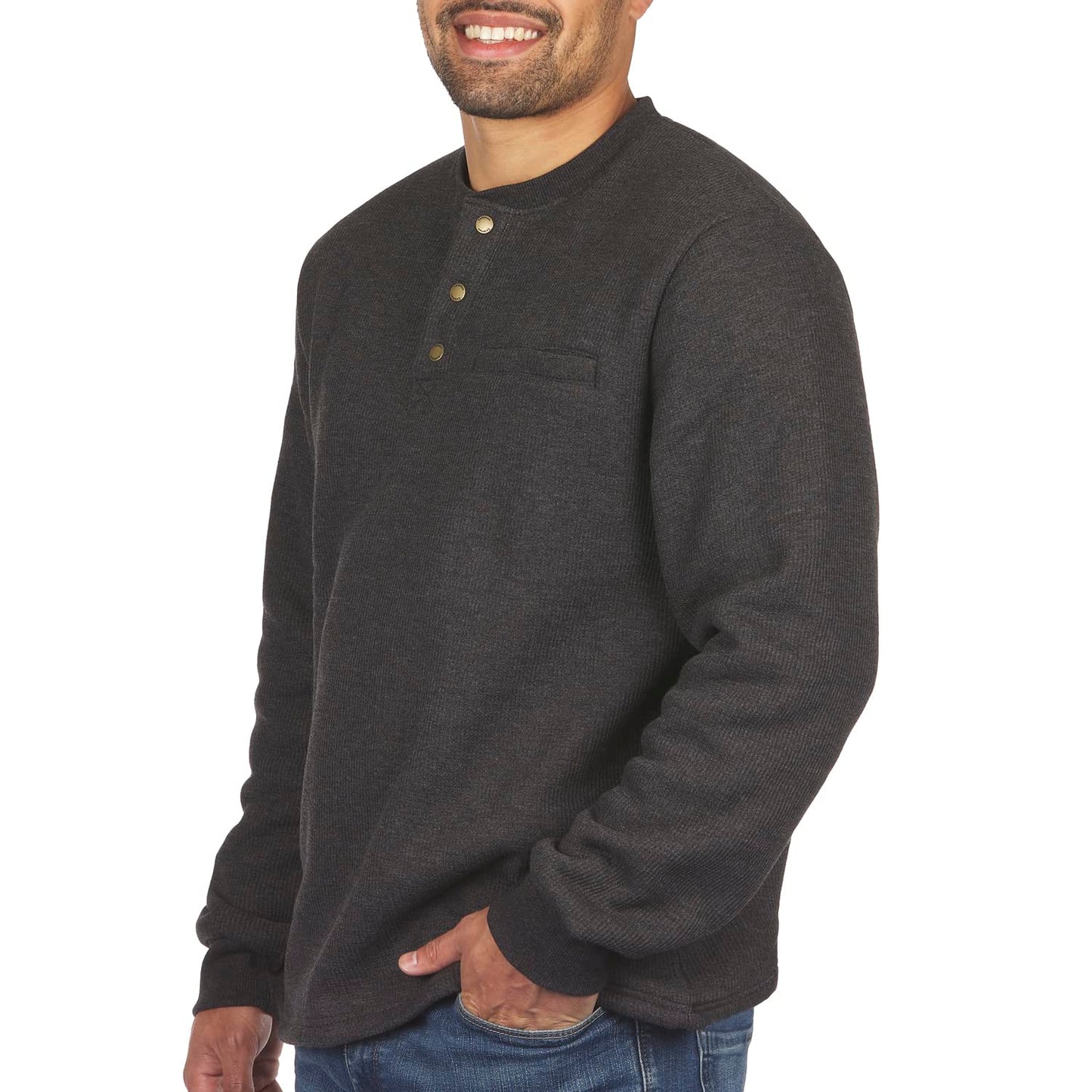 Coleman Long-Sleeve Sherpa Lined Waffle Henley Shirts for Men Black Heather XL