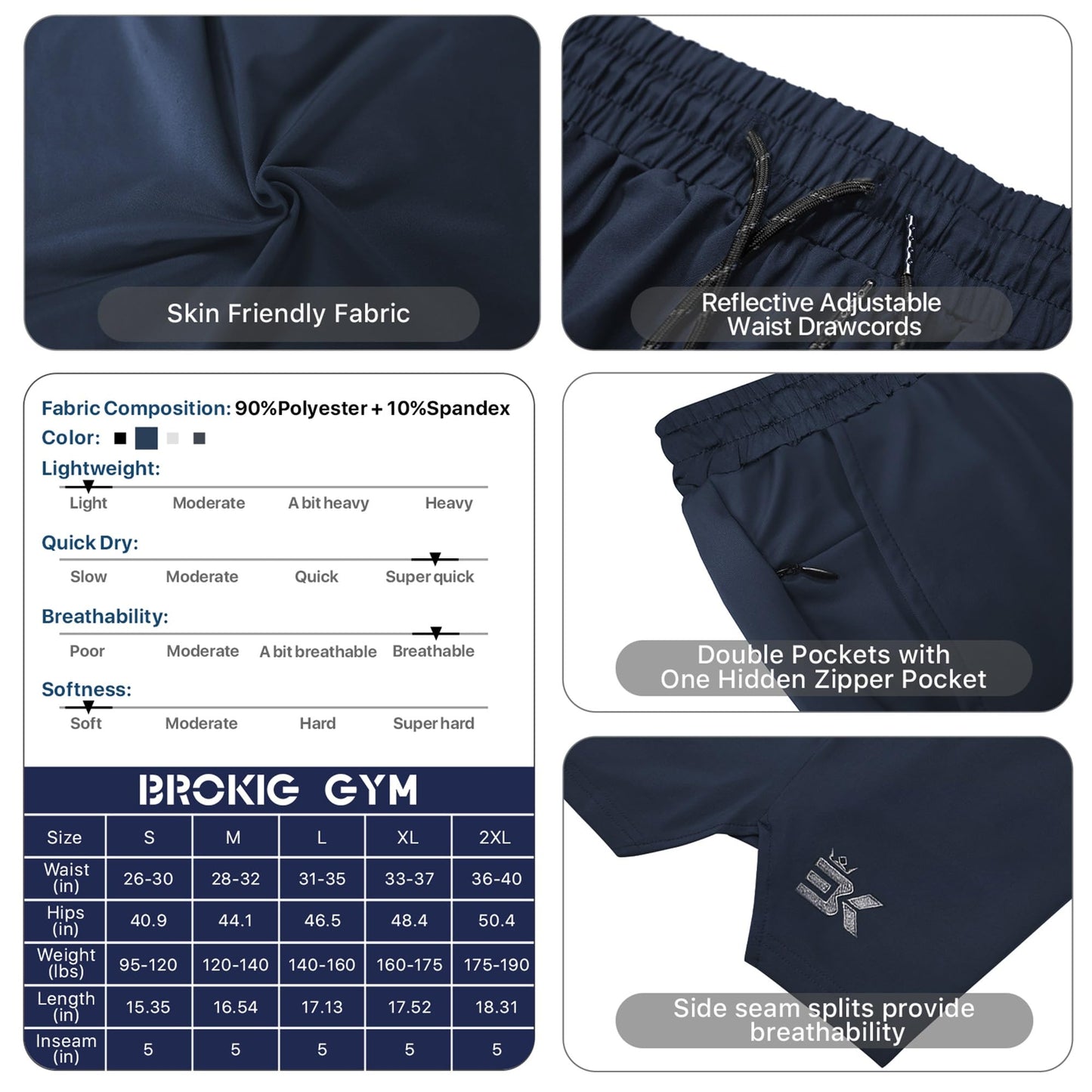 BROKIG Mens Inzip Lightweight Gym Workout Shorts, Athletic Short Shorts Fitted Lifting Shorts with Zipper Pockets(Medium,Navy Blue)