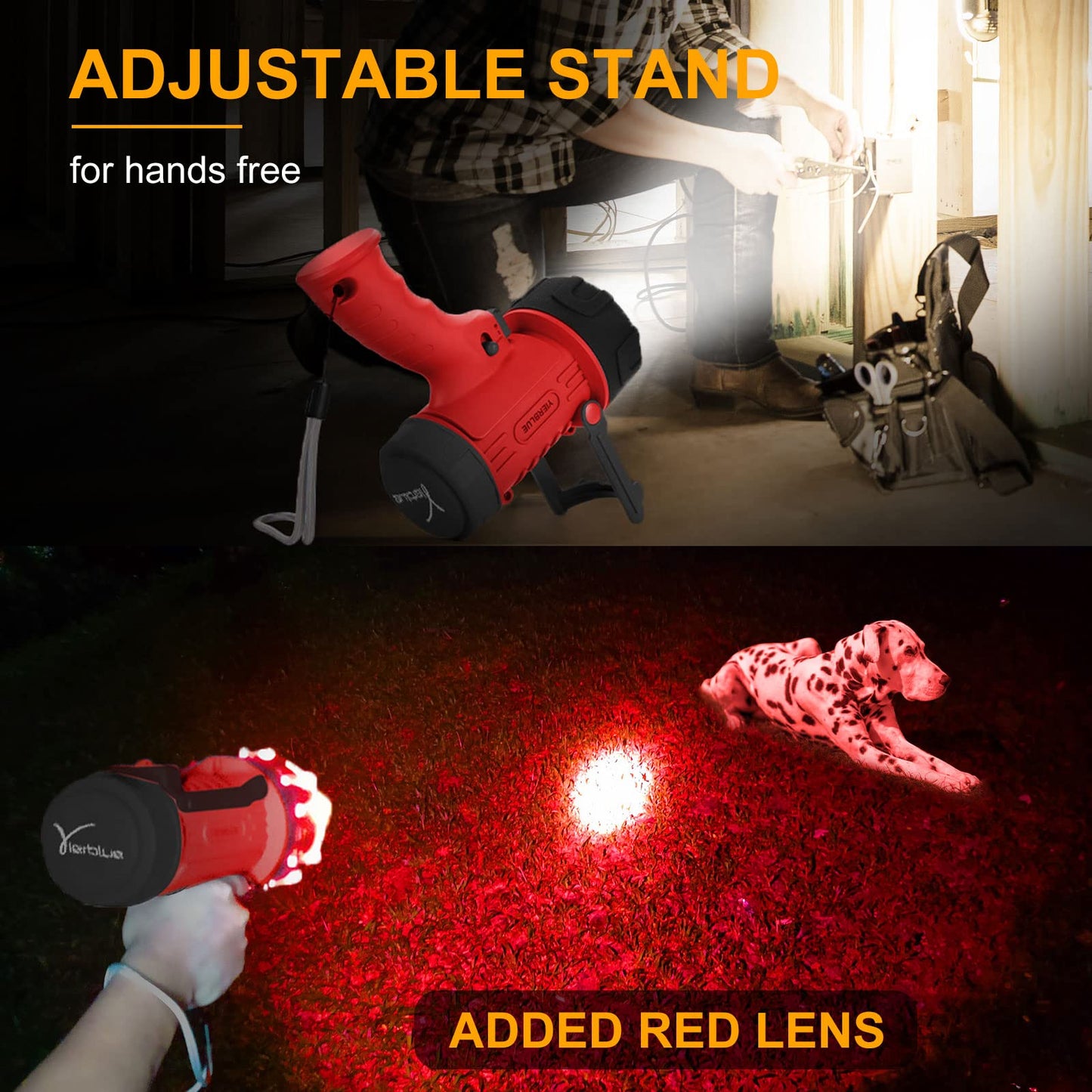 YIERBLUE Rechargeable Spotlight Flashlight with 1000,000 Lumen LED, IP67 Waterproof Long Running Spot Light searchlight, Impact Resistant Handheld Spotlight with Foldable Stand and Detachable Red Lens