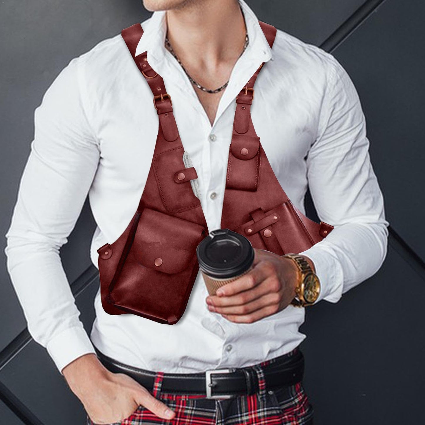 Generic Leather Shoulder Bag for Men - Mens Leather Underarm Shoulder Bag, Anti-Theft Harness Wallet Bag, Adjustable PU Leather Shoulder Strap Outdoor Phone Bag, Red