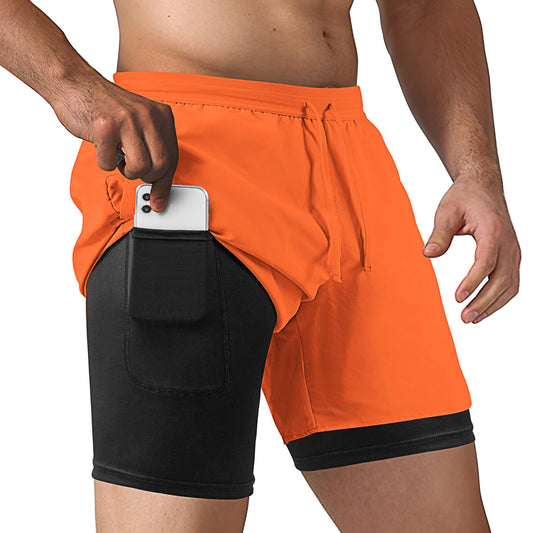 NIMOJIRO Men's 2 in 1 Running Shorts Workout Athletic Shorts Outdoor Sports with Liner Lightweight Training Yoga Gym Shorts with Phone Pockets Orange M