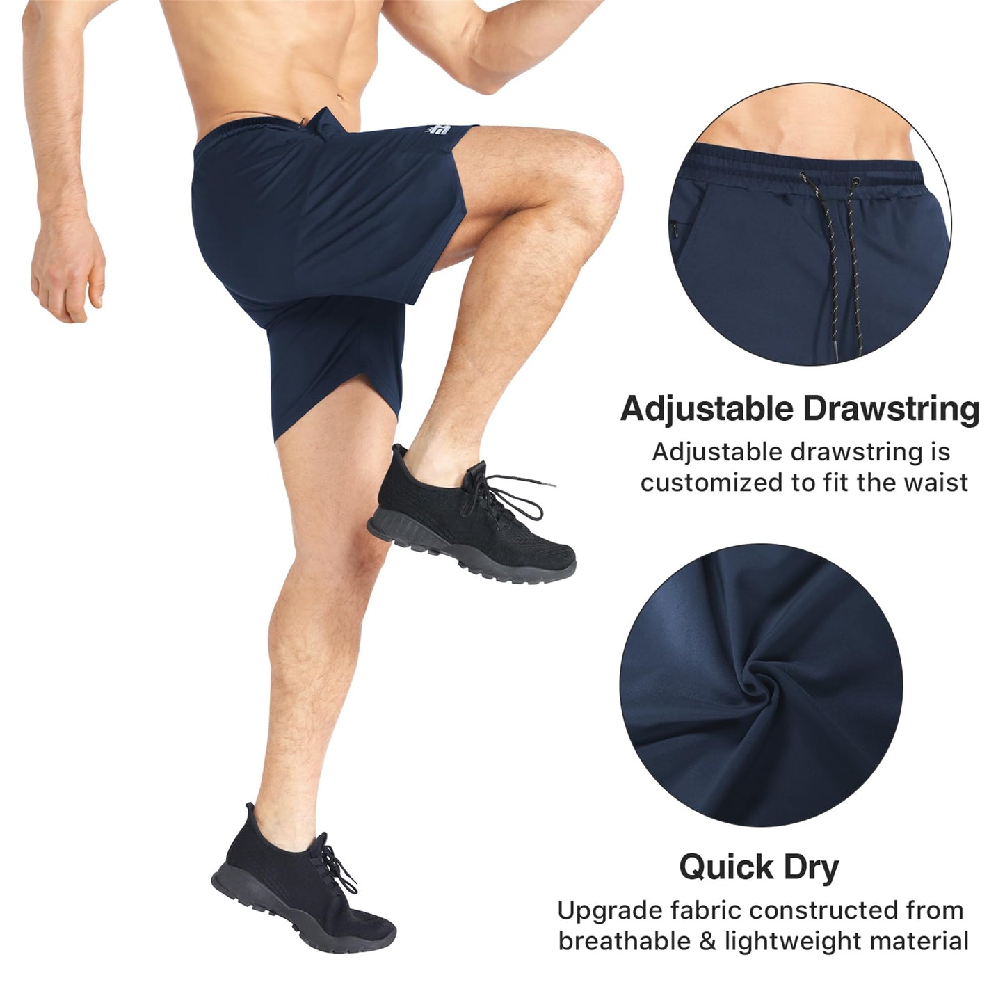 BROKIG Mens Inzip Lightweight Gym Workout Shorts, Athletic Short Shorts Fitted Lifting Shorts with Zipper Pockets(Medium,Navy Blue)