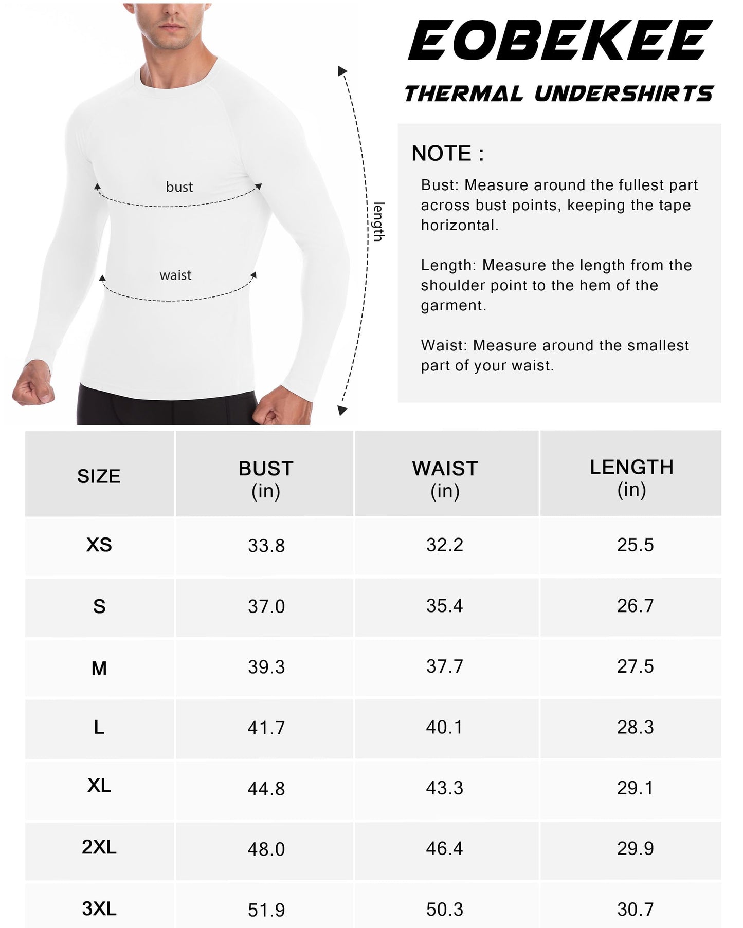EoBeKee Mens Thermal Long Sleeve Shirt - Compression Tight Shirts Winter Base Layer Tops Running Sports Hunting Workout Undershirt White