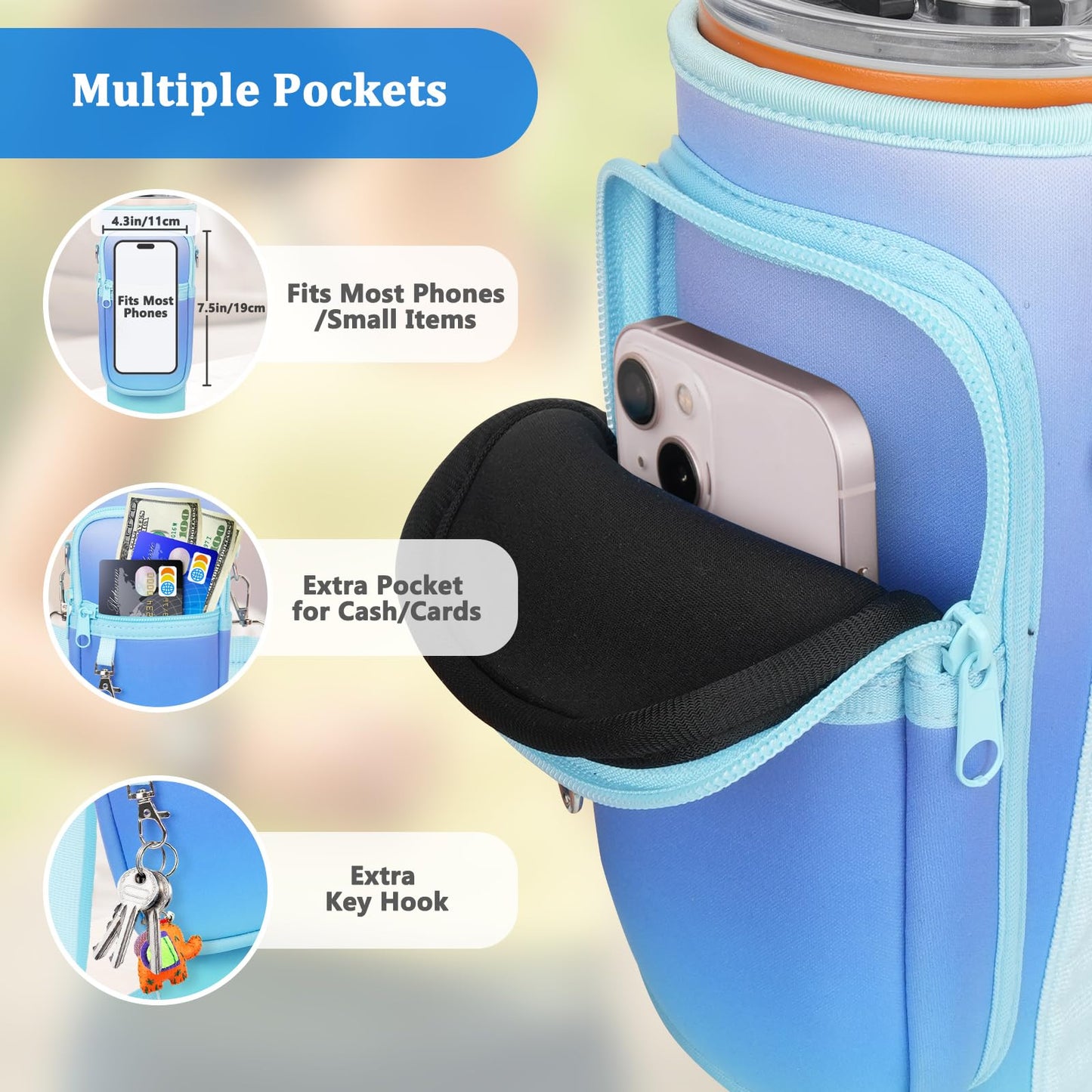 Water Bottle Carrier Bag with Phone Pocket Compatible with Stanley/Meoky 40 oz Tumbler with Handle,Neoprene Water Bottle Holder Pouch with Adjustable Strap Compatible with Stanley Cup Accessories