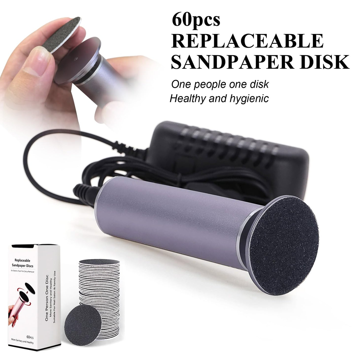 Electric Callus Remover for Feet, Adjustable Various Speed, Powerful Electric Foot File Sander Scrubber Foot Grinder for Dead Skin with 60 Replacement Sanding Discs, 01Gray