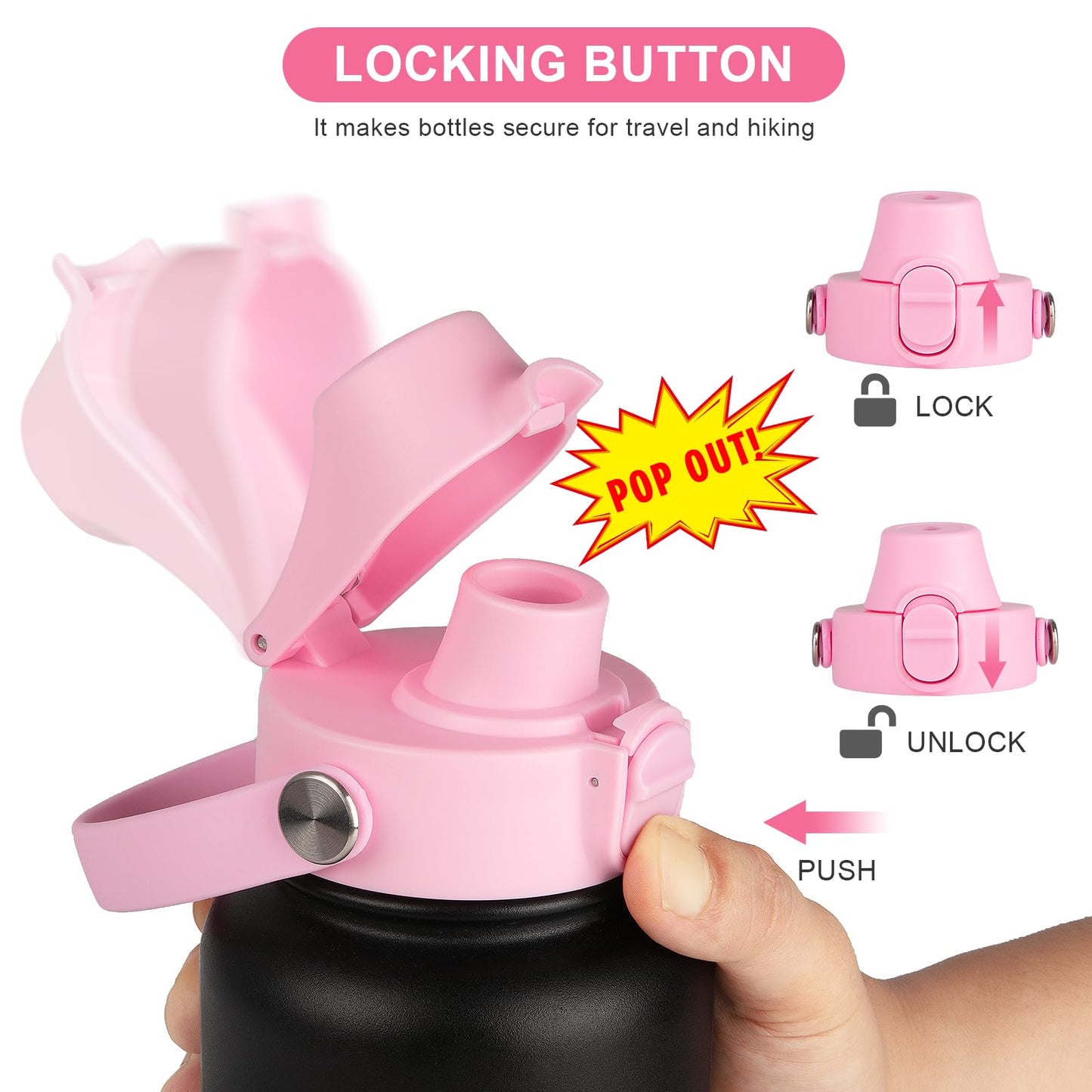 EIPOSAU Auto Flip Lid for Hydro Flask Wide Mouth, Great Spout Lid for Simple Modern, Fits for Iron Flask and Other Brands, Replacement Lid with Button Lock, Pink