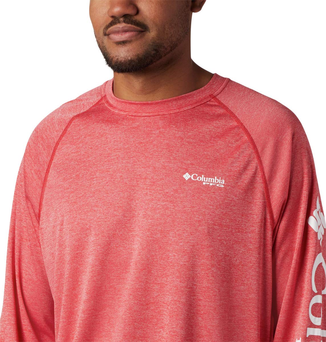 Columbia Men's Terminal Tackle Heather Long Sleeve Shirt, Red Spark Heather/White Logo, X-Large