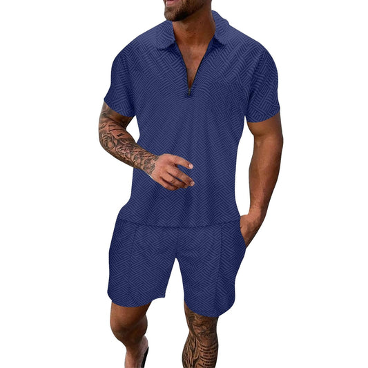 Generic Mens Summer Tracksuit Set 2 Piece Outfits Casual Hawaiian Beach Vacation Macthing Polo Shirts and Short Sets, X-Large, #B03-navy