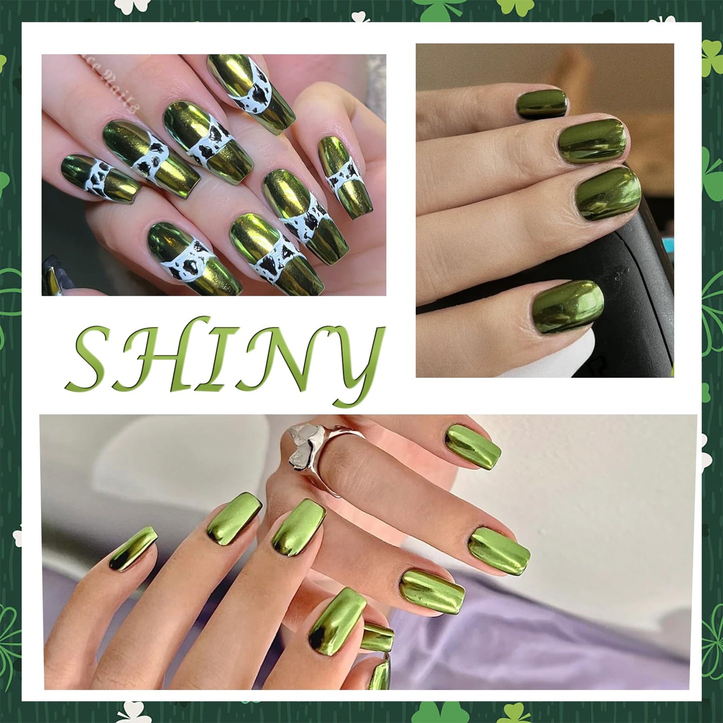 Laza Chrome Nail Powder Mirror Effect Metallic Dust Holographic Glitter Glazed Manicure Decoration Reflective Pigment for DIY Gel Polish Nail Art, Resin Craft, Gifts - Kiwi Green