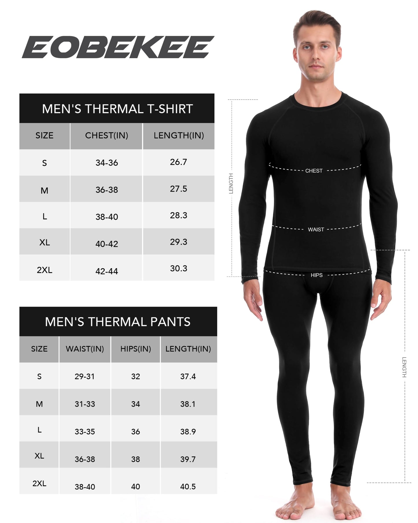 EoBeKee Mens Thermal Underwear Set - Fleece Lined Long Johns Thermals Top and Bottom Base Layer for Cold Weather Winter Ski Black
