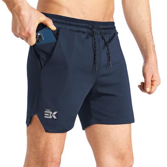 BROKIG Mens Inzip Lightweight Gym Workout Shorts, Athletic Short Shorts Fitted Lifting Shorts with Zipper Pockets(Medium,Navy Blue)