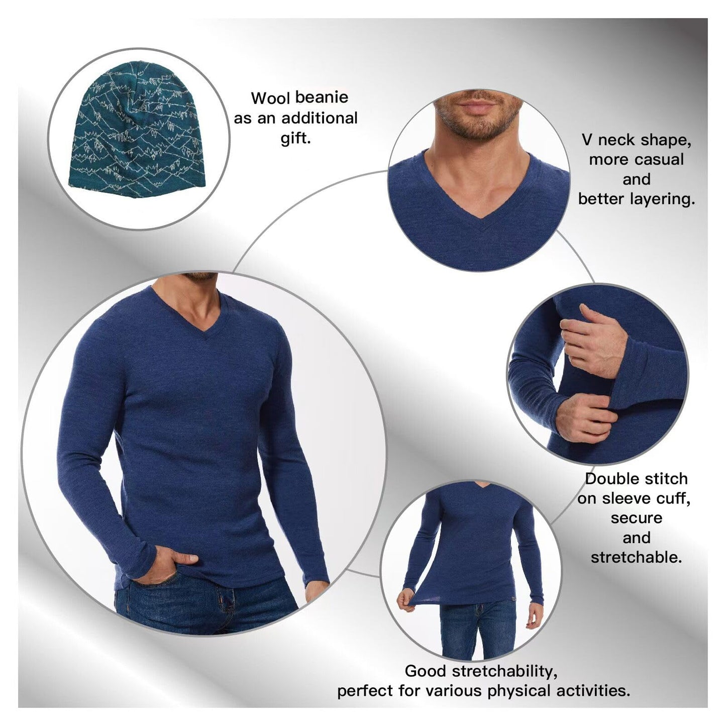 MERINNOVATION Merino Wool Base Layer-Mens 100% Merino Wool Long Sleeve Thermal Shirts for Hiking Hunting,lite,Midweight+Wool Accessory Included, Indigo Blue 165 L