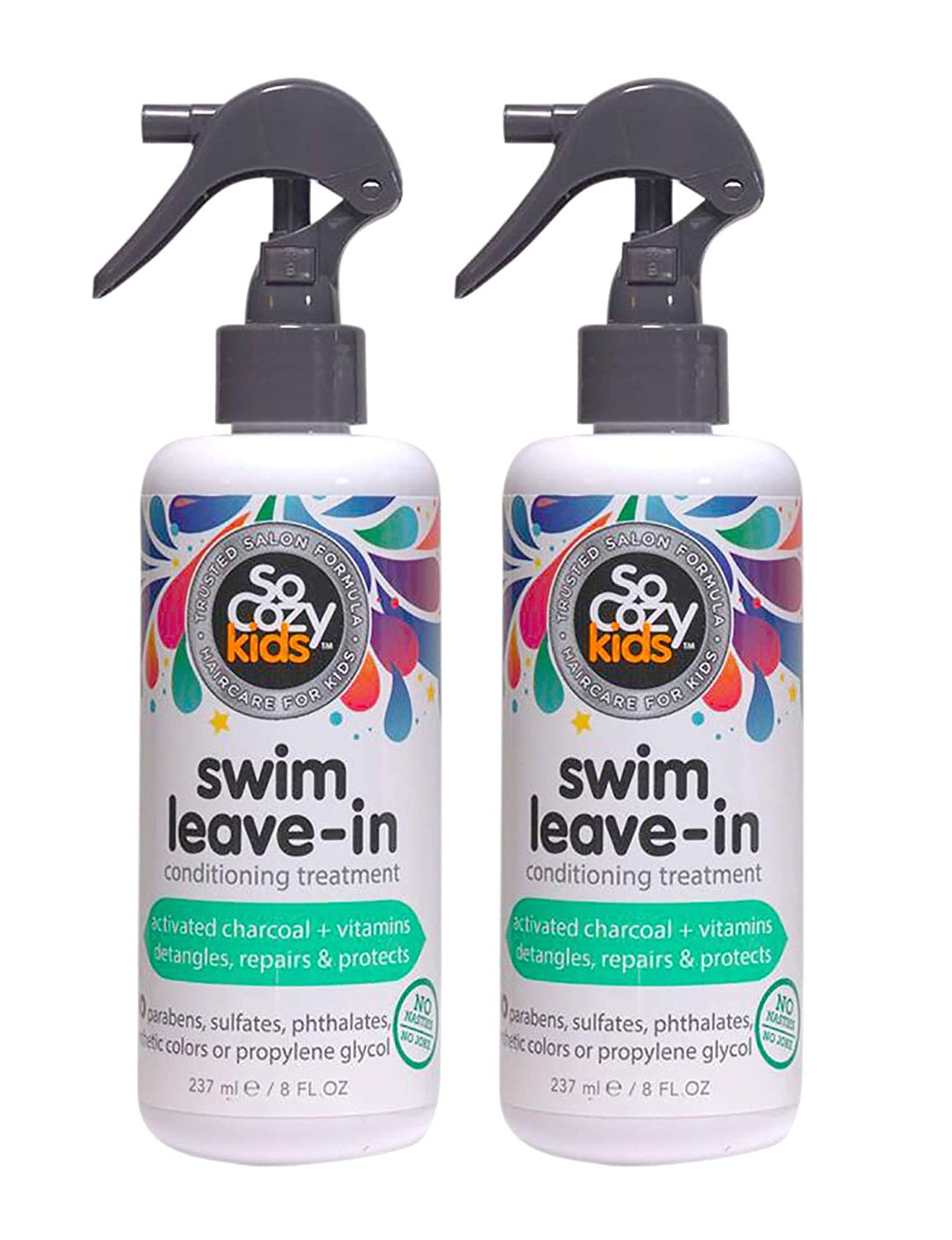 SoCozy Swim 2-in-1 Leave In Conditioner Spray & Treatment for Kids Hair (8 Fl Oz, Pack Of 2) Protects & Repairs Pool, Sun & Salt Damaged Hair, Activated Charcoal, Vitamin B5 & Sunflower Seed Extract