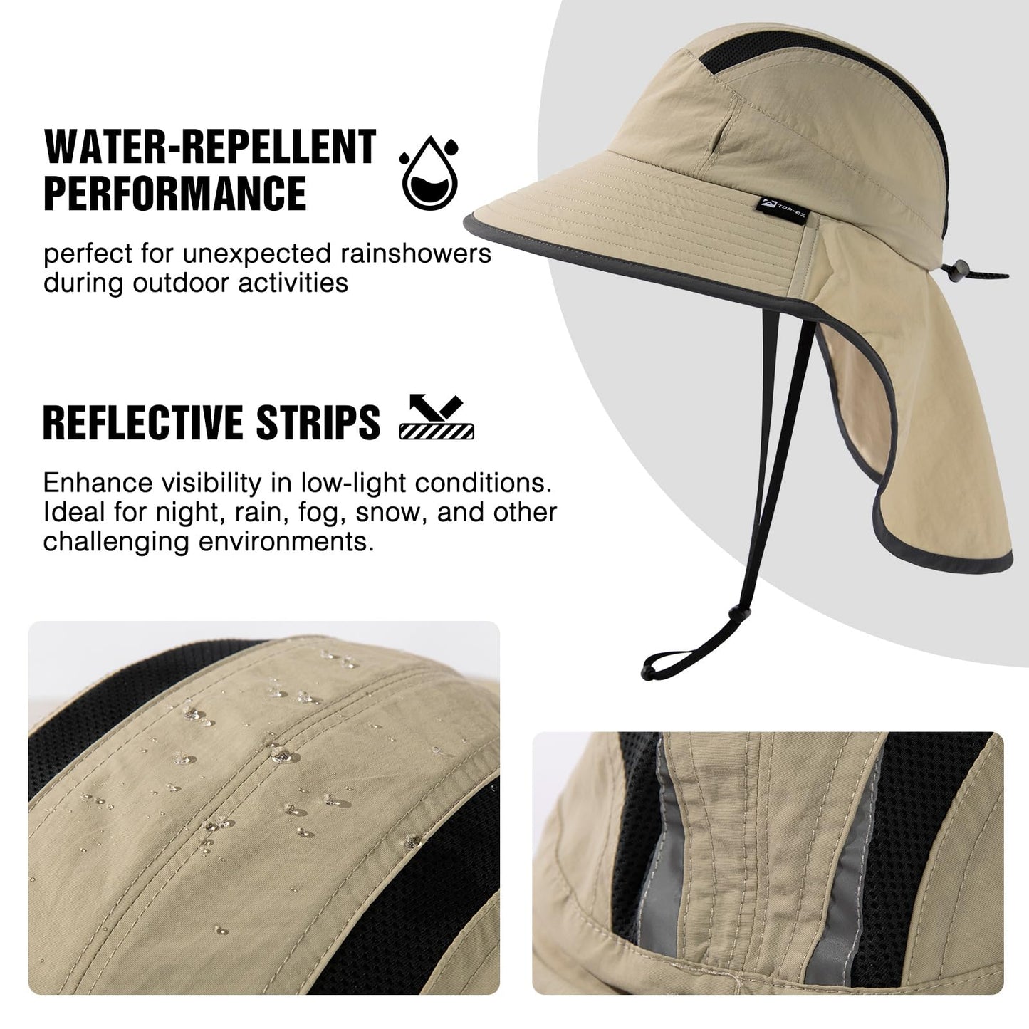TOP-EX M/L/XL/XXL Unisex Mens Sun Hat for Women with Neck Flap Sunglass Lock UV Protection Wide Brim Fishing Hats Waterproof & Packable Beige L/XL