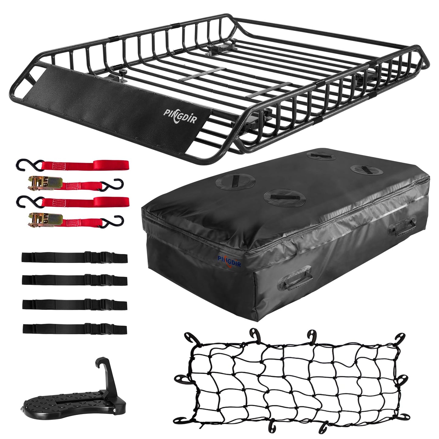 PINGDIR Roof Rack Basket 51" X 36" X 5" Rooftop Rack Cargo Carrier Universal, Waterproof Cargo Bag 44 * 35 * 16", Cargo Net with Attachment Hooks, 2 pcs Ratchet Strap,Roof Pedal
