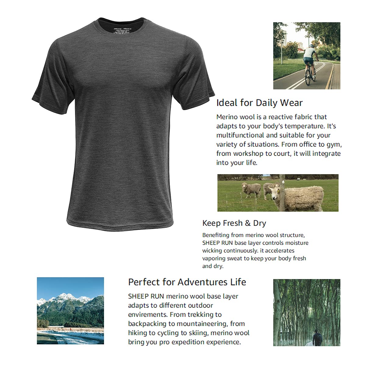 SHEEP RUN Men's Merino Wool Lightweight Hiking Running Wicking Breathable Short Sleeve T Shirt (Dark Grey, Large)