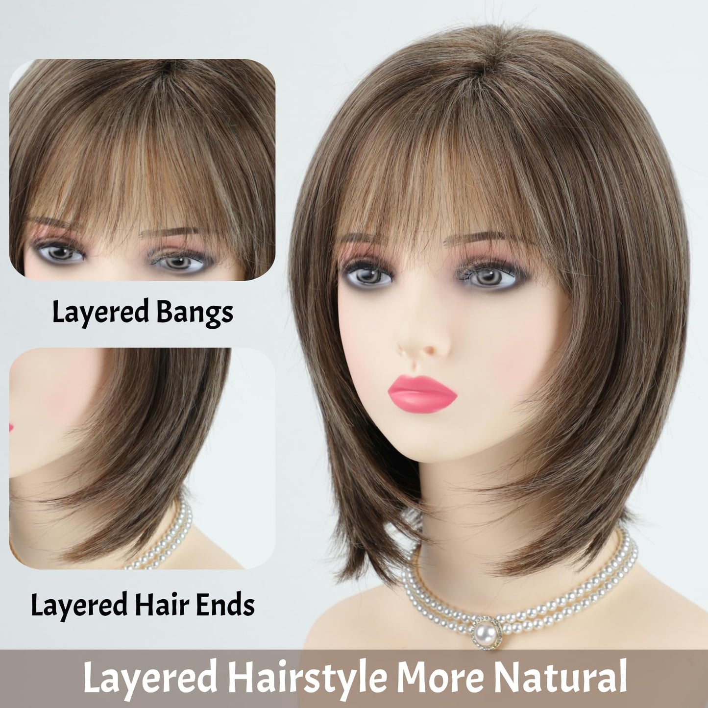 RENERSHOW Brown Highlight Short Pixie Bob Wig with Bangs Layered Brown Mix Blonde Wigs for Women Chin Length Straight Synthetic Wig Natural Looking Daily Party Wig