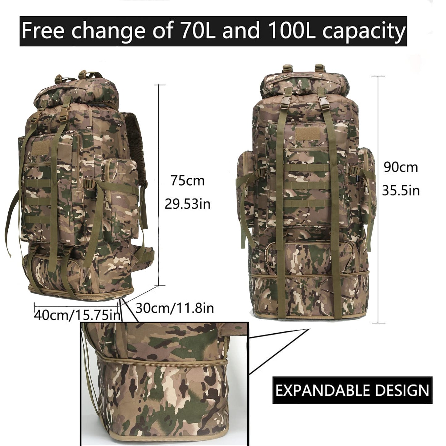 W WINTMING Hiking Backpack for Men 70L/100L Camping Backpack Military Rucksack Molle 3 Days Assault Pack for Climbing