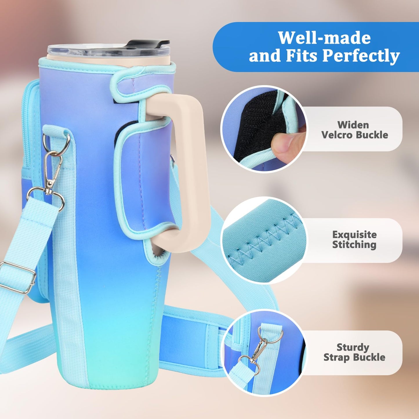 Water Bottle Carrier Bag with Phone Pocket Compatible with Stanley/Meoky 40 oz Tumbler with Handle,Neoprene Water Bottle Holder Pouch with Adjustable Strap Compatible with Stanley Cup Accessories