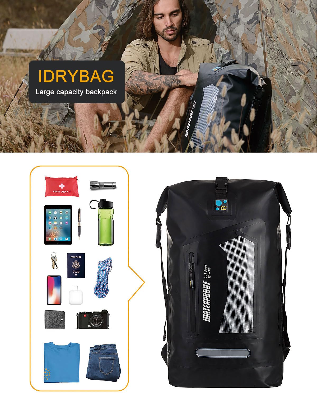 IDRYBAG Waterproof Backpack Dry Bag 20L/30L/40L, Floating Dry Backpack Waterproof for Men, Dry Sack Waterproof Bag for Kayak