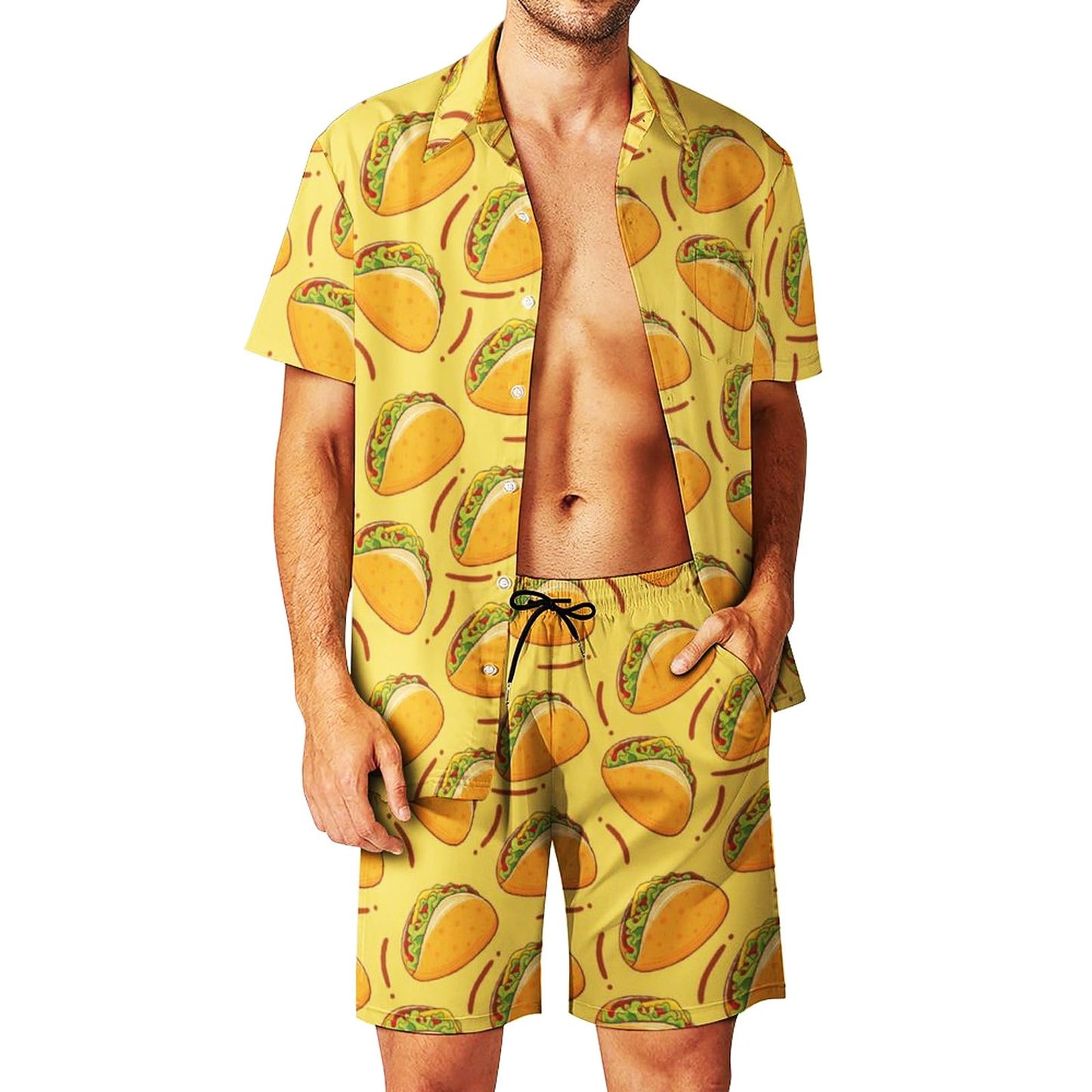 DOOPCCOR Men's 3 Piece Tracksuit Taco Collared funny Hawaiian Shirt rave outfits beach Shorts Button Down Sets With Bucket Hats 06-XL