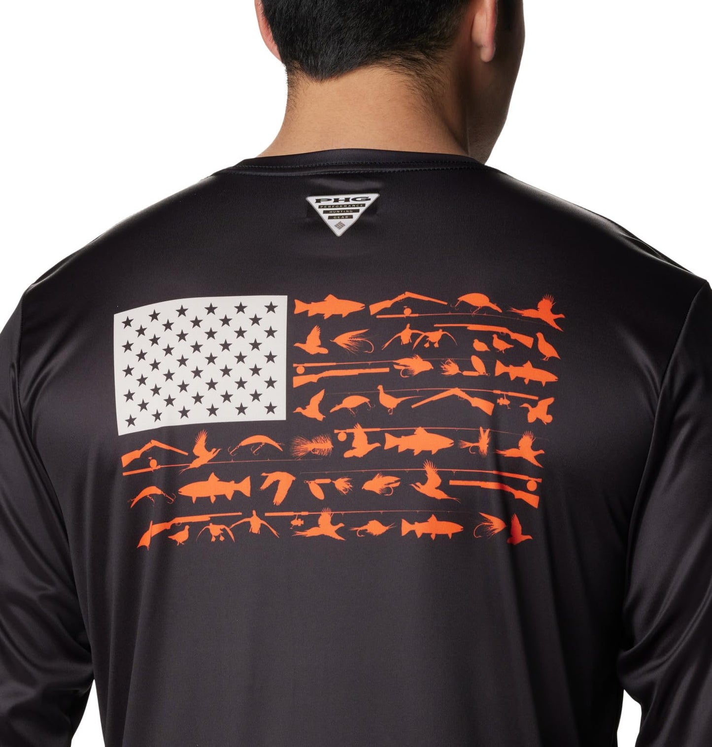 Columbia Men's PHG Terminal Shot Game Flag Long Sleeve, Black/Blaze Cast n Blast, Medium