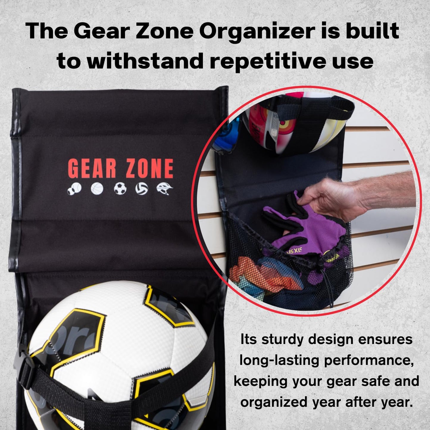 Gear Zone Hanging Sports Equipment Organizer | Multi-Purpose | Garage Sports Ball Storage | Storage for Basketball Football Volleyball Tennis Soccer Biking | Toy Storage | Includes Hook