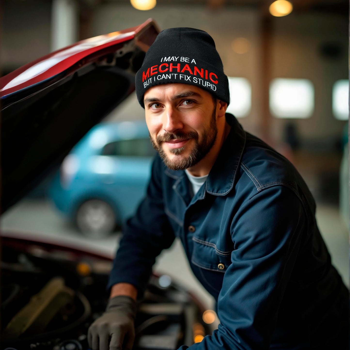 Funny Hats for Mechanics - I May Be A Mechanic But I Can't Fix Stupid - Mechanic Gifts for Men - Hilarious Men's Cuffed Beanie Hat with Witty Quote - Gifts for Guys, Gifts for Mechanics, Dad Car Gifts