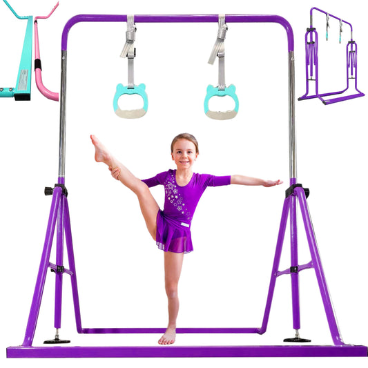 PreGymnastic Updated Folding Gymnastics Bar with Rings, Foldable Kip Bar with Sturdier Base, Gymnasitc Training Bar for Kids Ages 3-10, Gymnastic Horizontal Bars, Home Gym Equipment for Boys Girls
