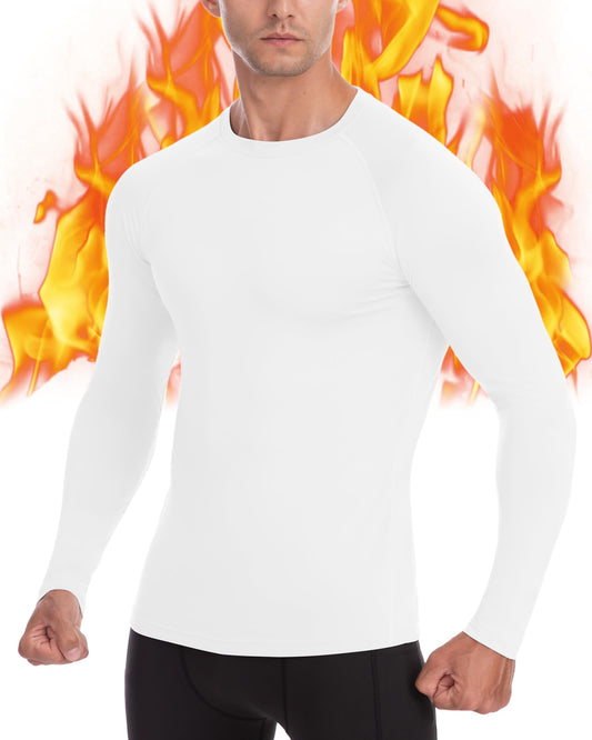 EoBeKee Mens Thermal Long Sleeve Shirt - Compression Tight Shirts Winter Base Layer Tops Running Sports Hunting Workout Undershirt White