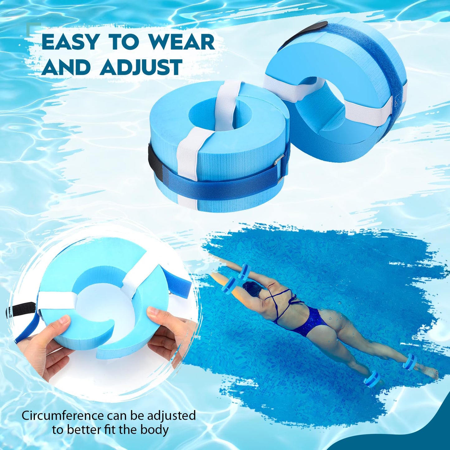 RoundFunny 2 Pcs Foam Swim Aquatic Cuffs Equipment Water Aerobics Float Ring with Detachable Hook and Loop Fastener Fitness Workout Set for Swimming Fitness Training Pool Exercise (Blue)