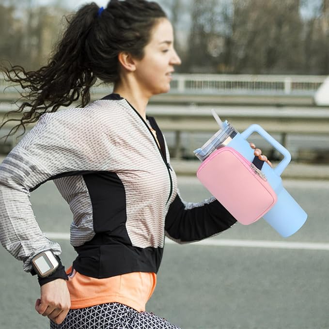 Water Bottle Pouch for Stanley, Gym Tumbler Accessories for Women, Compatible with Stanley Quencher Adventure 40oz & IceFlow 20/30oz, Tumbler with Pocket for for Phone, Card, Keys, Cash (Pink)