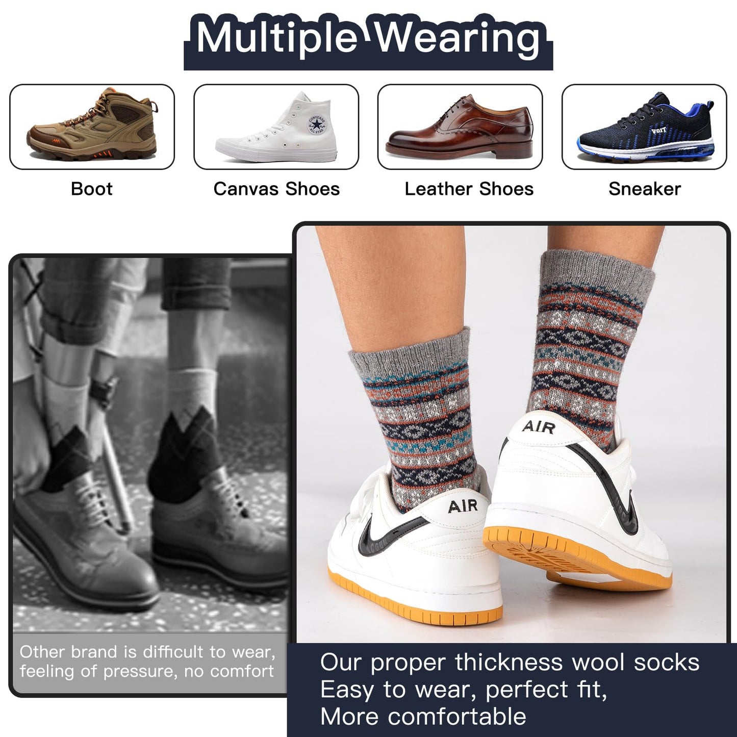 COOPLUS Warm Wool Socks Mens Winter Thermal Thick Crew Cold Weather Pattern Socks (5 Pairs)