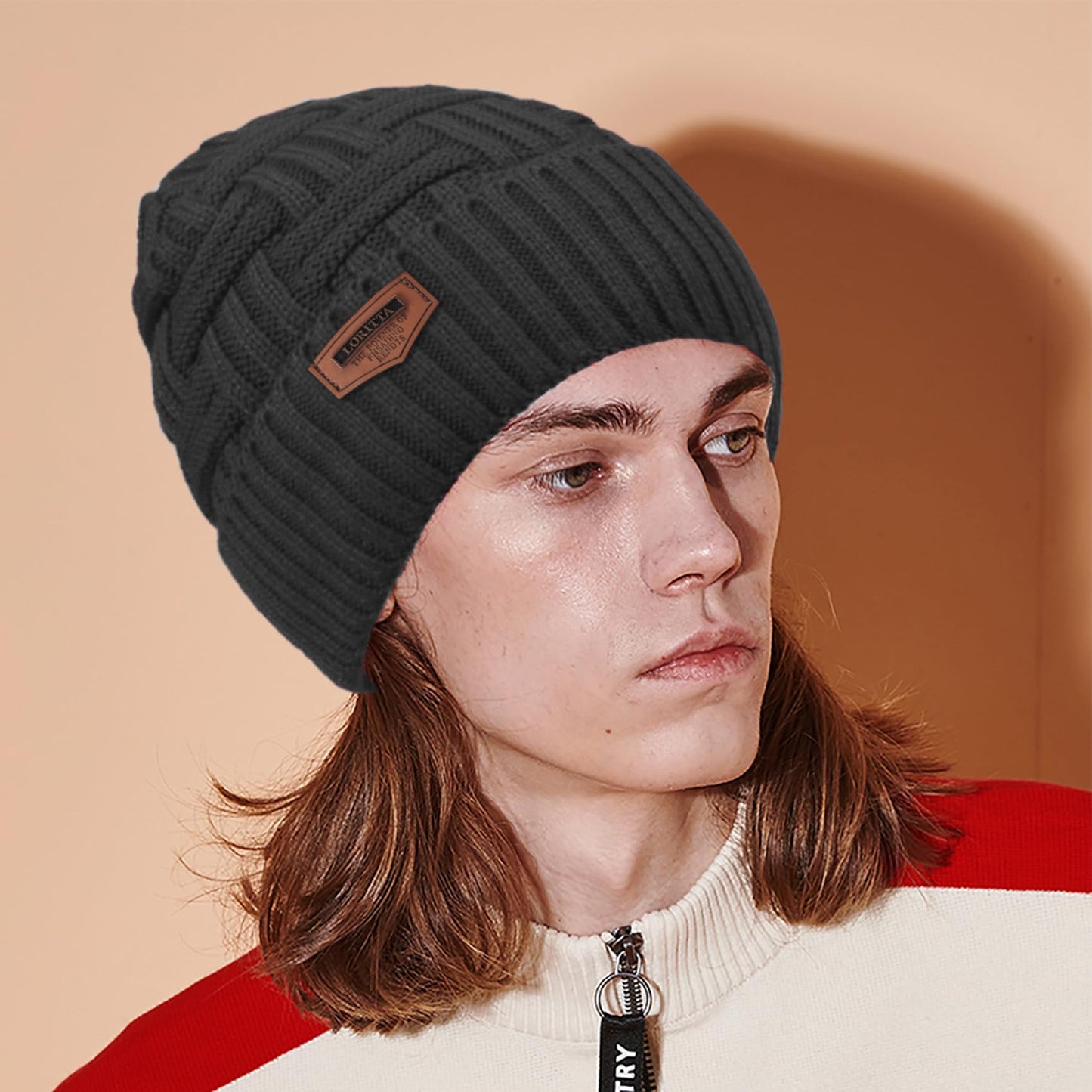 Loritta Winter Hat Warm Knitted Thick Baggy Slouchy Beanie Skull Cap for Men, C- Black+Gray with Weave, 2 Pack