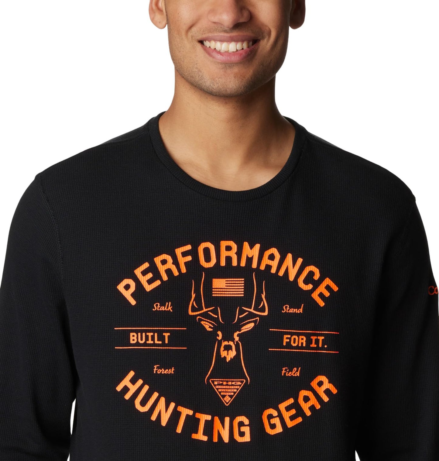 Columbia Men's PHG Built for It Waffle Long Sleeve, Black/Blaze Buck, Medium