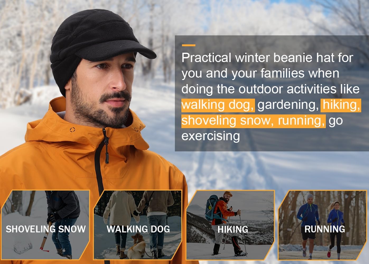 Home Prefer Mens Winter Hat Fleece Beanie Cap Sports Earflaps Beanie Hat for Men Black