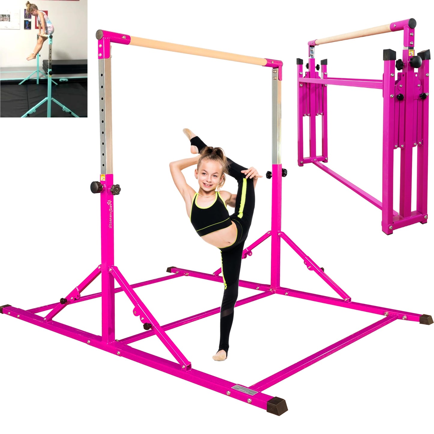 PreGymnastic Foldable Gymnastics Bar, 6FT Gymnastic Horizontal Bars, Folding Training Bar for Kids and Teenagers 3-18, Weight Limit 500 LB, Adjustable kip Bar,Children Home Gym Equipment Indoor