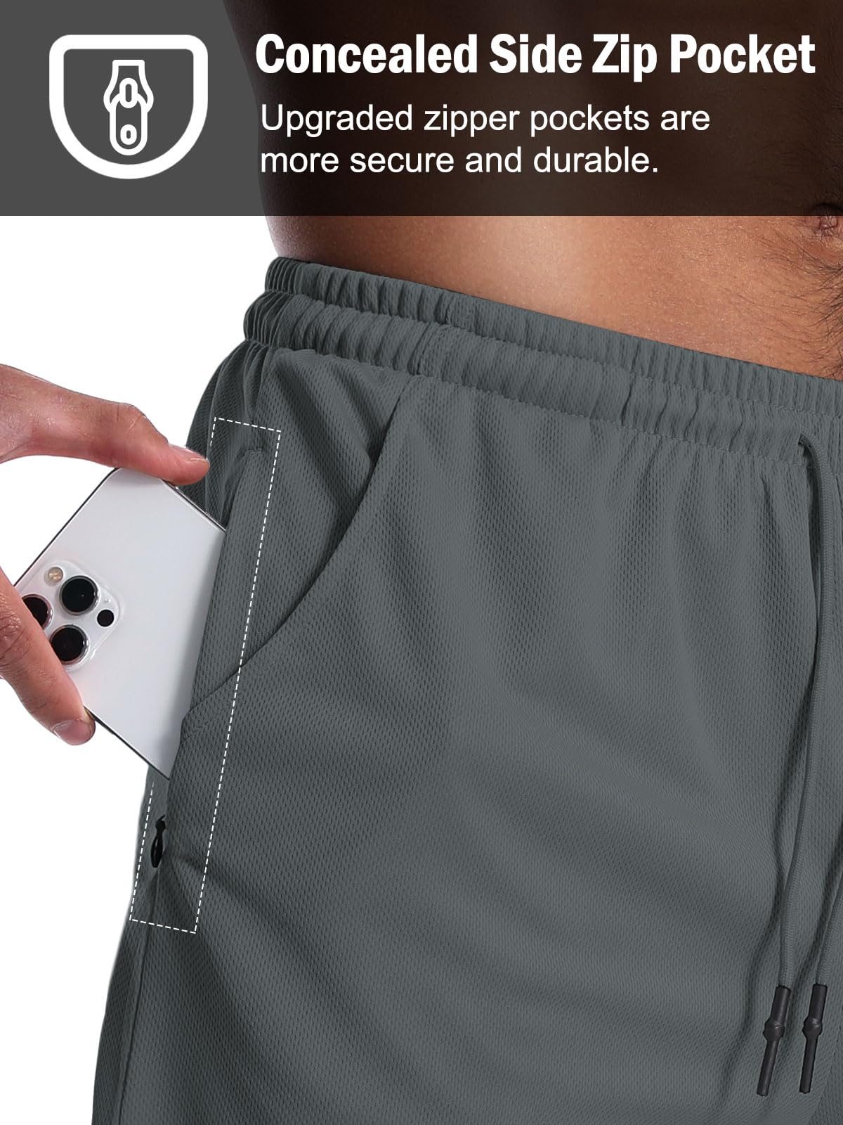 Aolesy Men's 2 in 1 Workout Running Shorts Lightweight Gym 5 Inch Short with Zipper Pockets Training Athletic Shorts with Liner Dark Grey