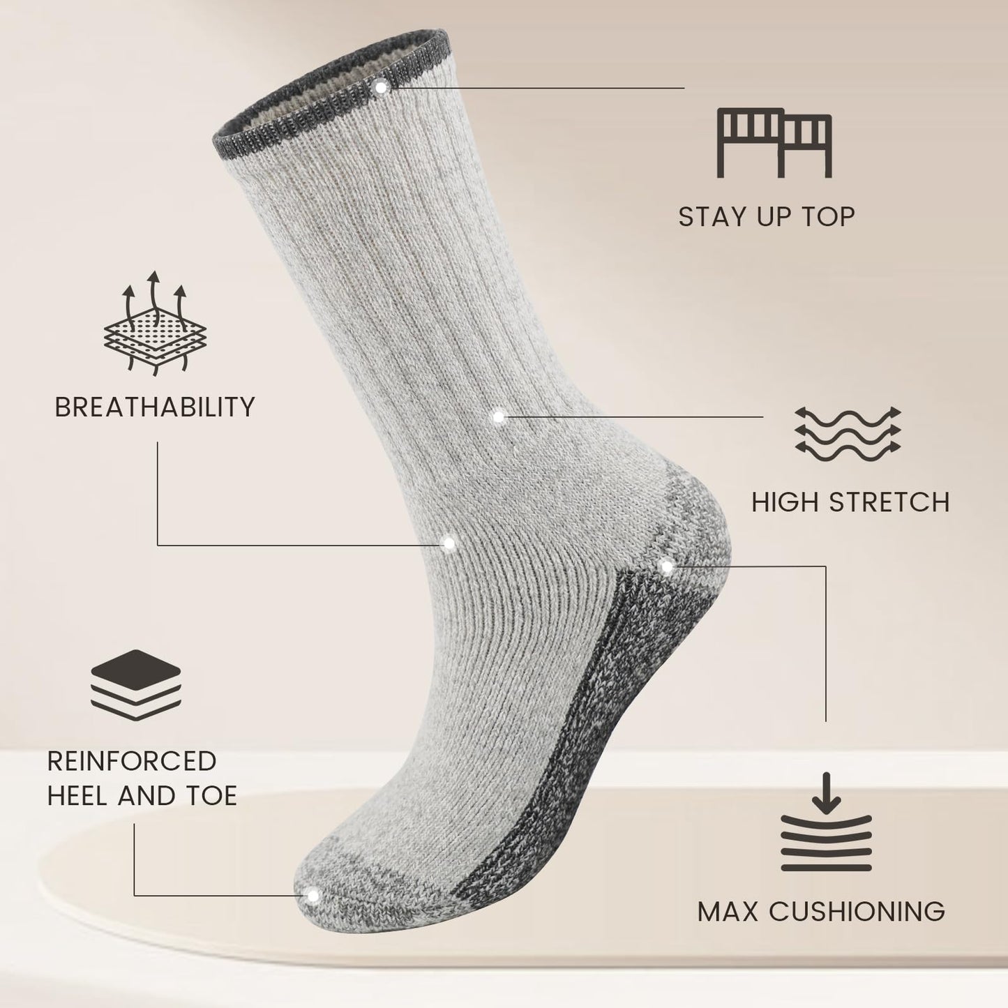 FRESBEIT Merino Wool Socks For Running 5 Pairs Winter Thick Warm Socks Thermal Shock-Absorbing Athletic Socks For Men 7-13